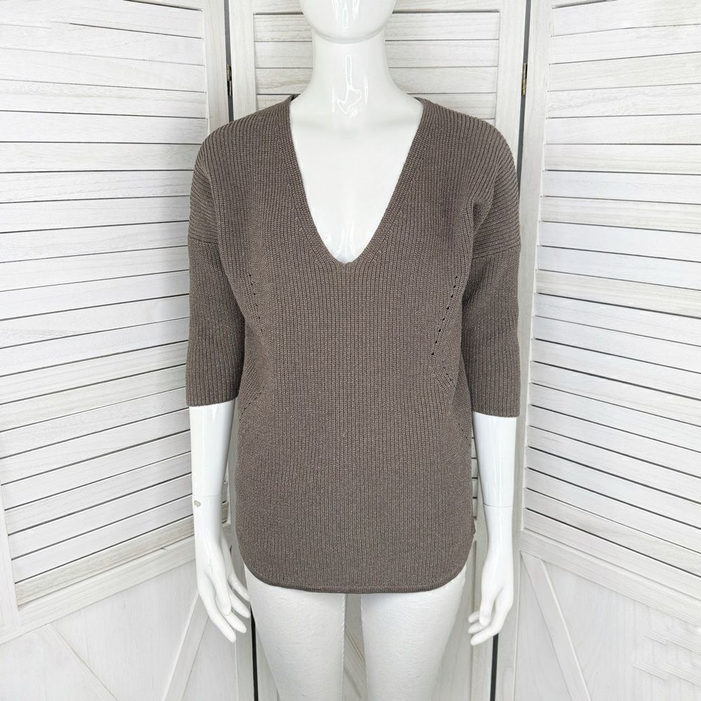 Express Deep V Neck Metallic Thread Tunic Sweater Taupe Brown Copper Small